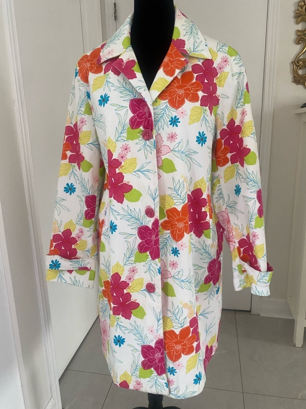 Harvé Benard Bold Colourful Floral button down lined cotton Spring Coat Size 16